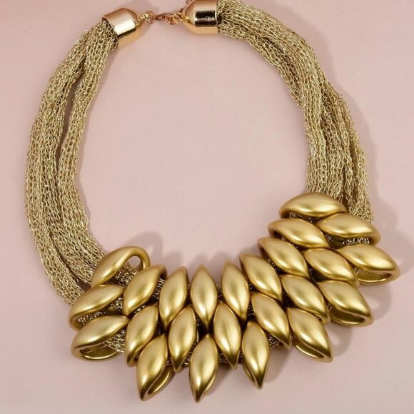 Gold African Bib Tassel Choker Necklace and Earrings Set, Tribal Ethnic Style, C - Picture 9 of 9